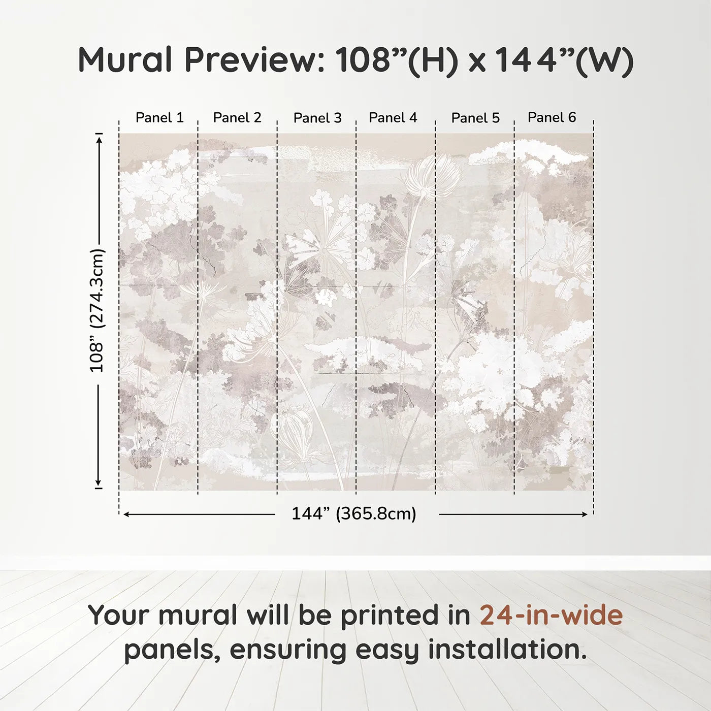 Whimsy Tots Abstract Floral Sketch Wall Muraldimension view (108" H x 144" W). Printed in six 24-inch-wide panels. Gender-Neutral