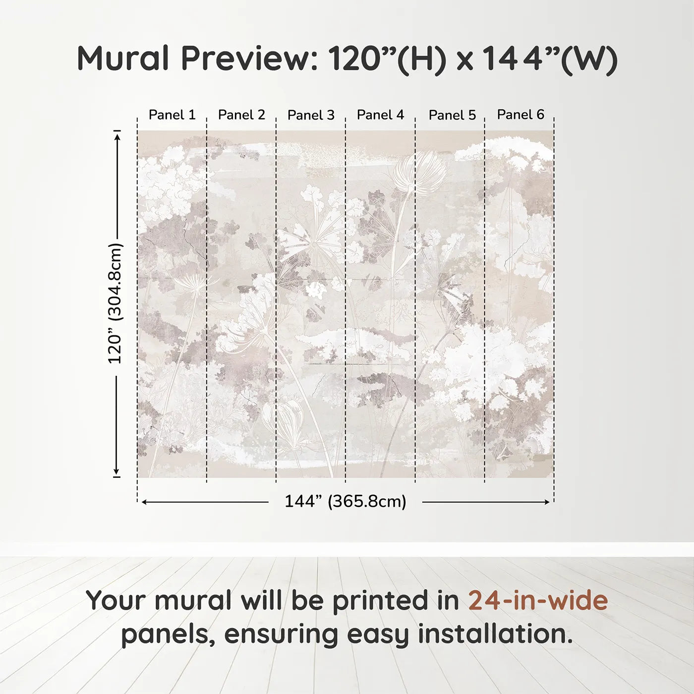 Whimsy Tots Abstract Floral Sketch Wall Muraldimension view (120" H x 144" W). Printed in six 24-inch-wide panels. Gender-Neutral