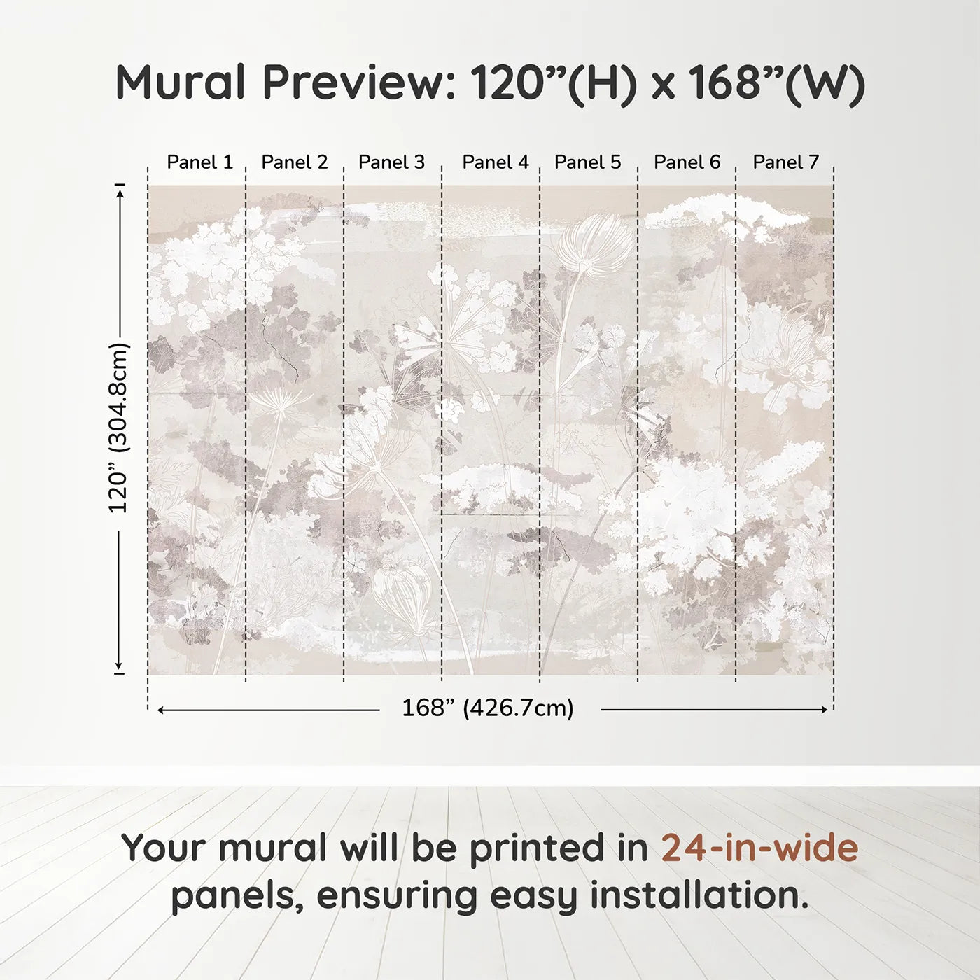 Whimsy Tots Abstract Floral Sketch Wall Muraldimension view (120" H x 168" W). Printed in seven 24-inch-wide panels. Gender-Neutral