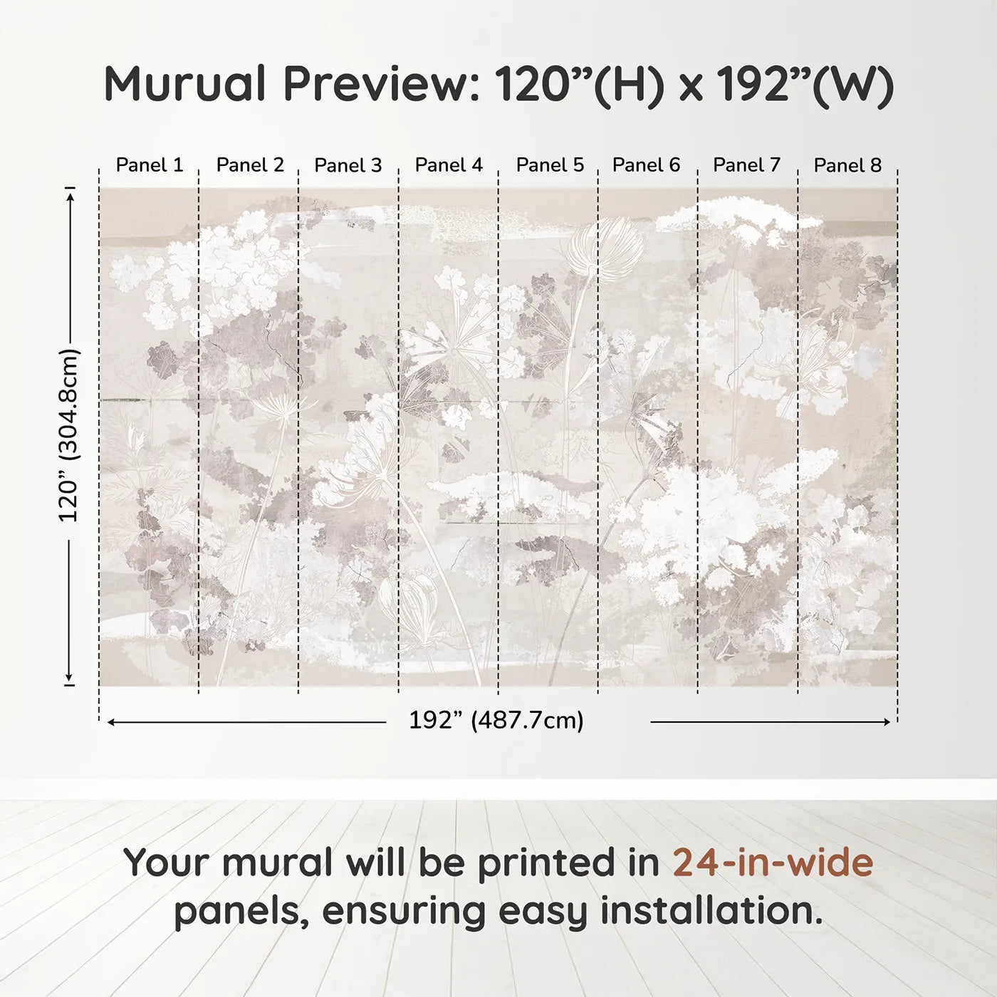 Whimsy Tots Abstract Floral Sketch Wall Muraldimension view (120" H x 192" W). Printed in eight 24-inch-wide panels. Gender-Neutral