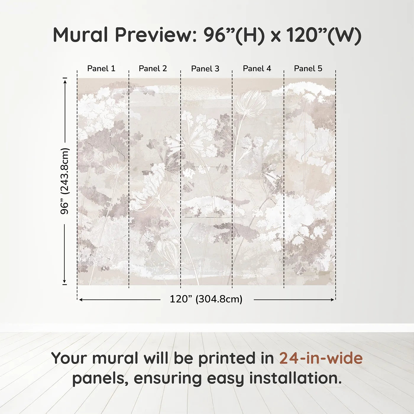 Whimsy Tots Abstract Floral Sketch Wall Muraldimension view (96" H x 120" W). Printed in five 24-inch-wide panels. Gender-Neutral