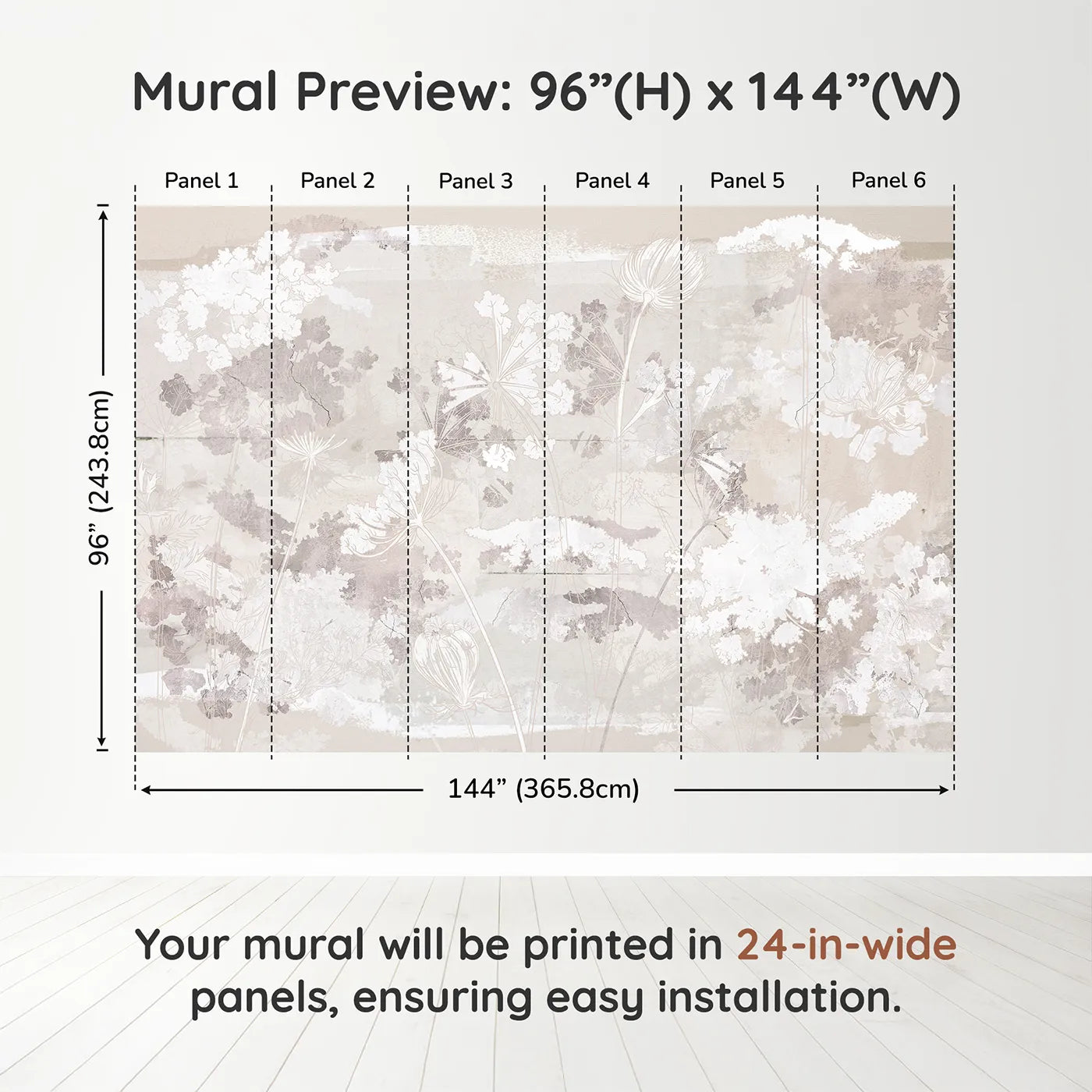 Whimsy Tots Abstract Floral Sketch Wall Muraldimension view (96" H x 144" W). Printed in six 24-inch-wide panels. Gender-Neutral