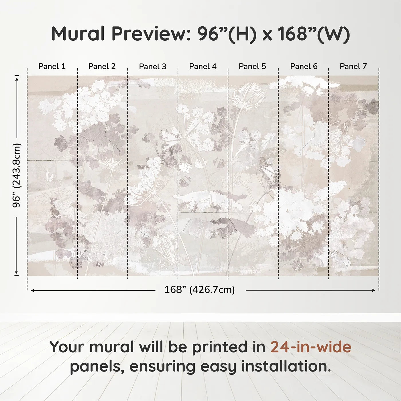 Whimsy Tots Abstract Floral Sketch Wall Muraldimension view (96" H x 168" W). Printed in seven 24-inch-wide panels. Gender-Neutral