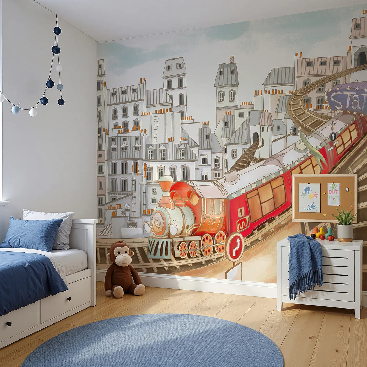 Angled view of Whimsy Tots' Parisian Express Train Wall Mural (Turn Their Room into a Whimsical Trip Through Paris).Gender-Neutral