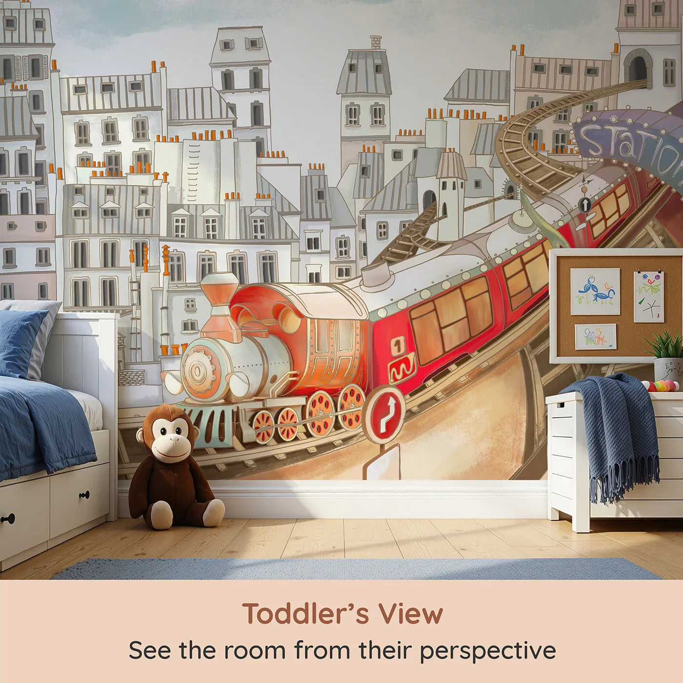 Whimsy Tots Parisian Express Train Wall Mural (Turn Their Room into a Whimsical Trip Through Paris) from your child's view.Gender-Neutral