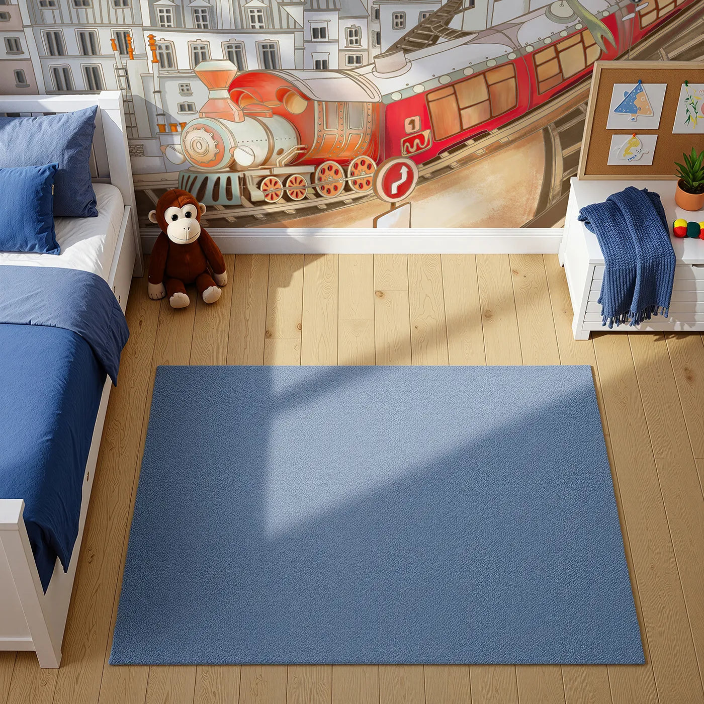 Top-down view of Whimsy Tots' Parisian Express Train Wall Mural (Turn Their Room into a Whimsical Trip Through Paris).Gender-Neutral