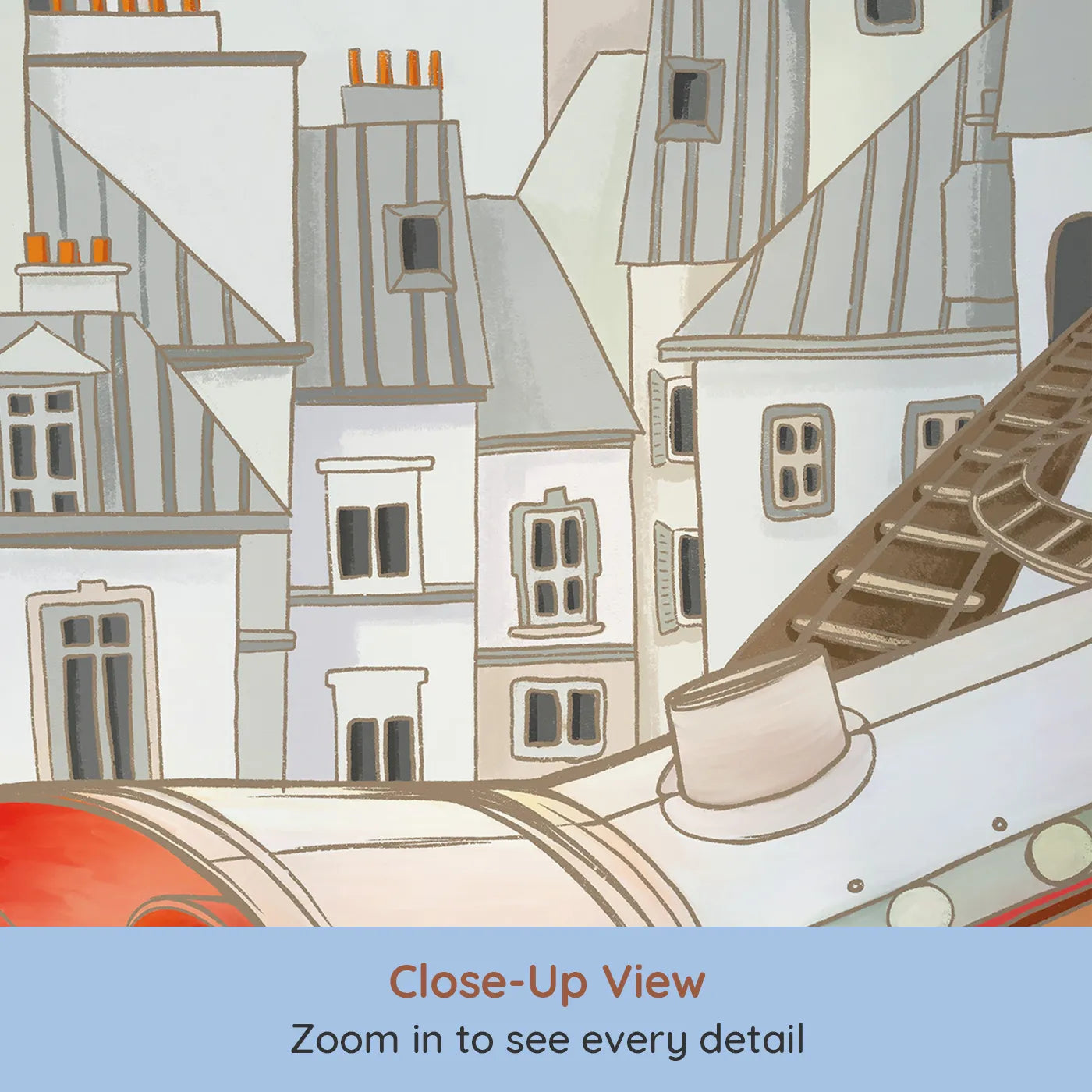 Close-up view of Whimsy Tots' Parisian Express Train Wall Mural (Turn Their Room into a Whimsical Trip Through Paris).Gender-Neutral