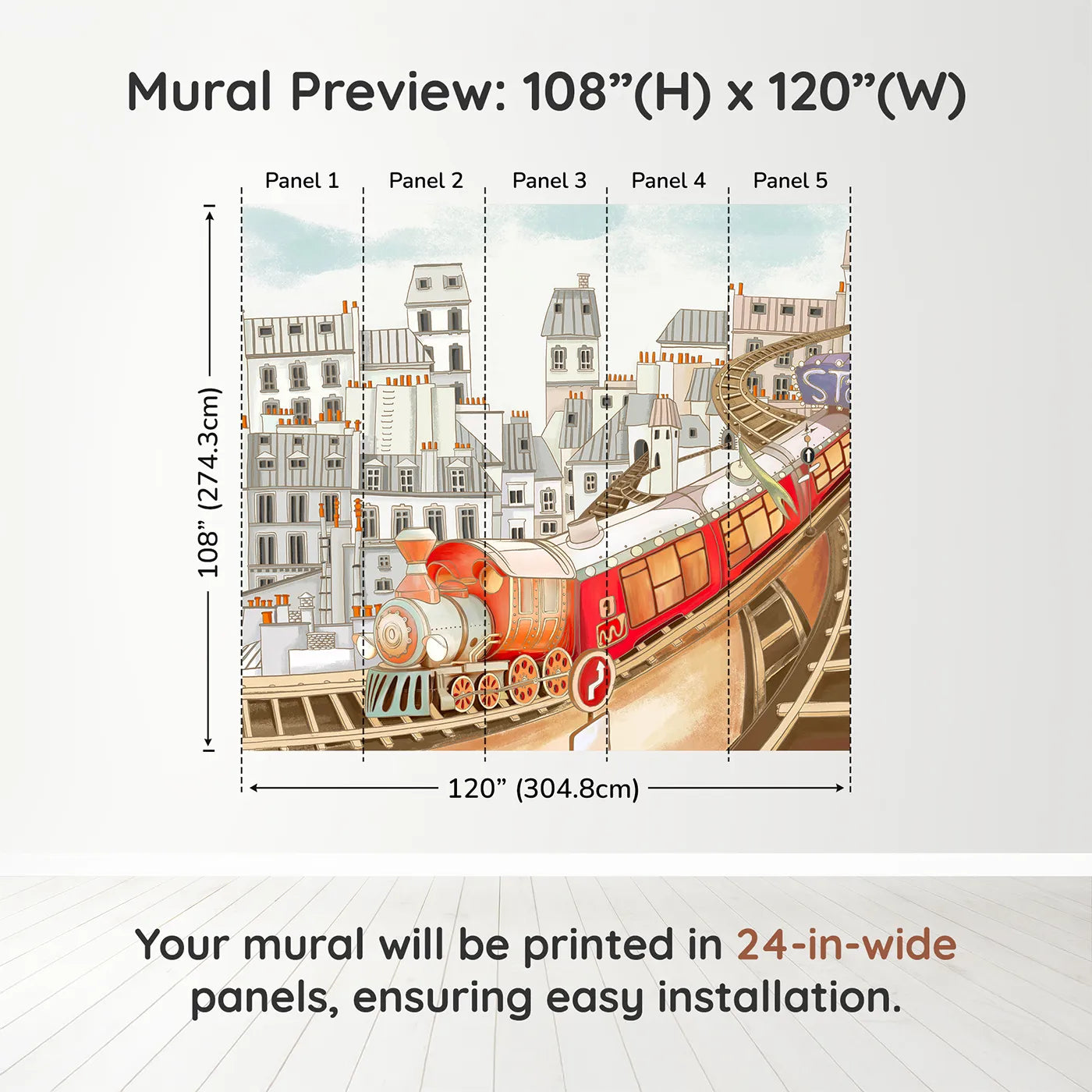 Whimsy Tots Parisian Express Train Wall Muraldimension view (108" H x 120" W). Printed in five 24-inch-wide panels. Gender-Neutral