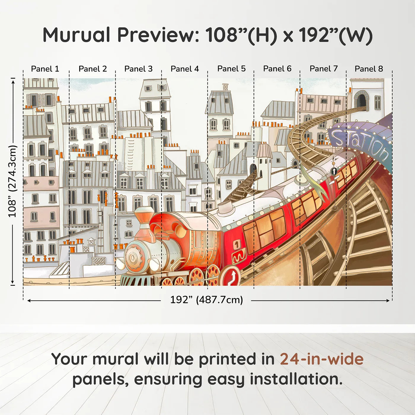 Whimsy Tots Parisian Express Train Wall Muraldimension view (108" H x 192" W). Printed in eight 24-inch-wide panels. Gender-Neutral