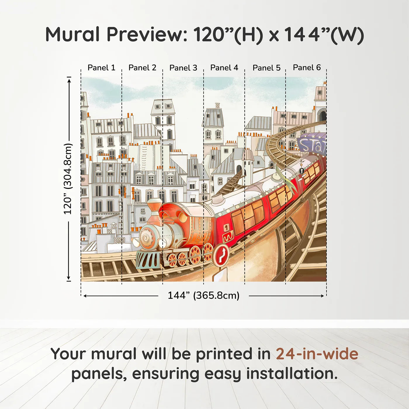 Whimsy Tots Parisian Express Train Wall Muraldimension view (120" H x 144" W). Printed in six 24-inch-wide panels. Gender-Neutral