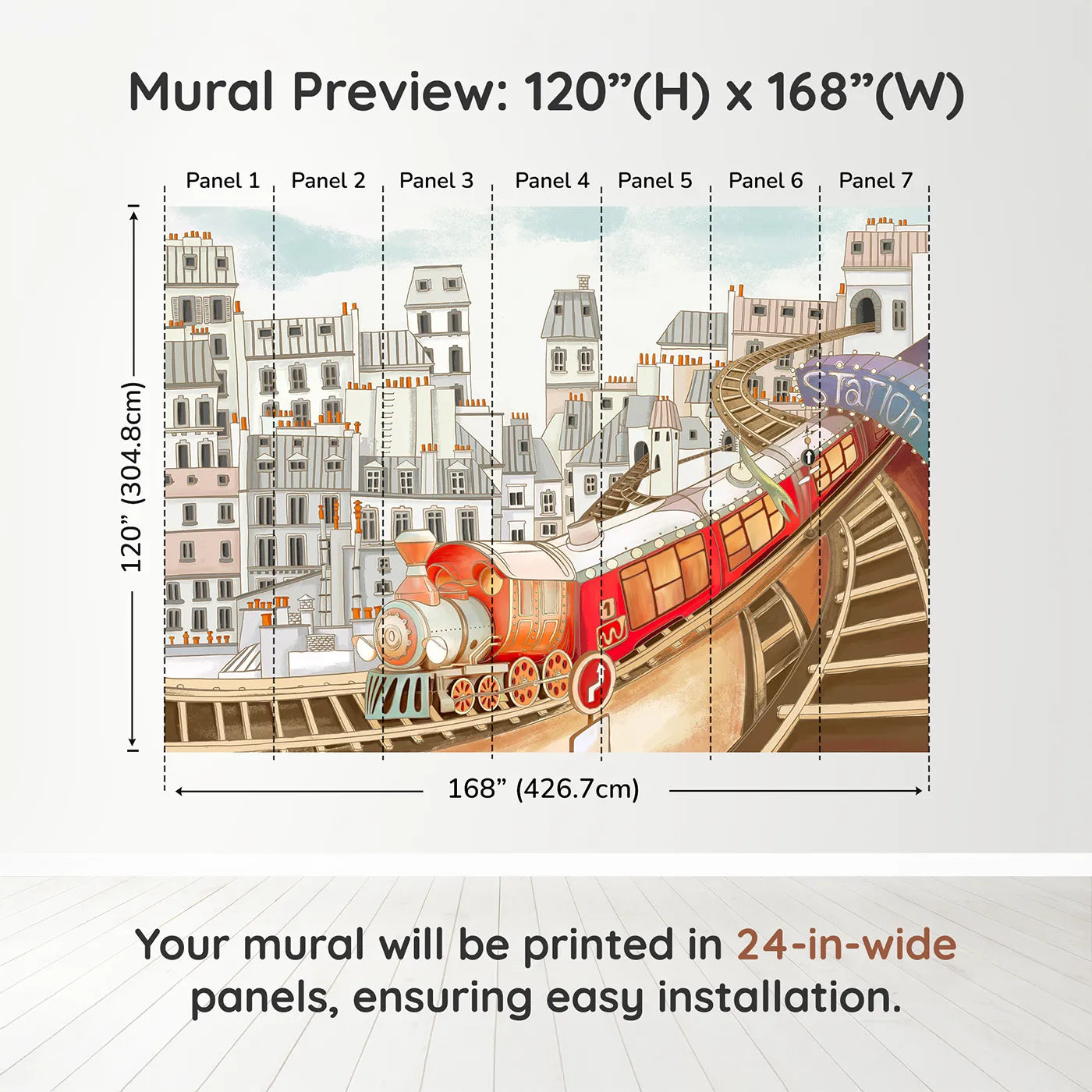 Whimsy Tots Parisian Express Train Wall Muraldimension view (120" H x 168" W). Printed in seven 24-inch-wide panels. Gender-Neutral