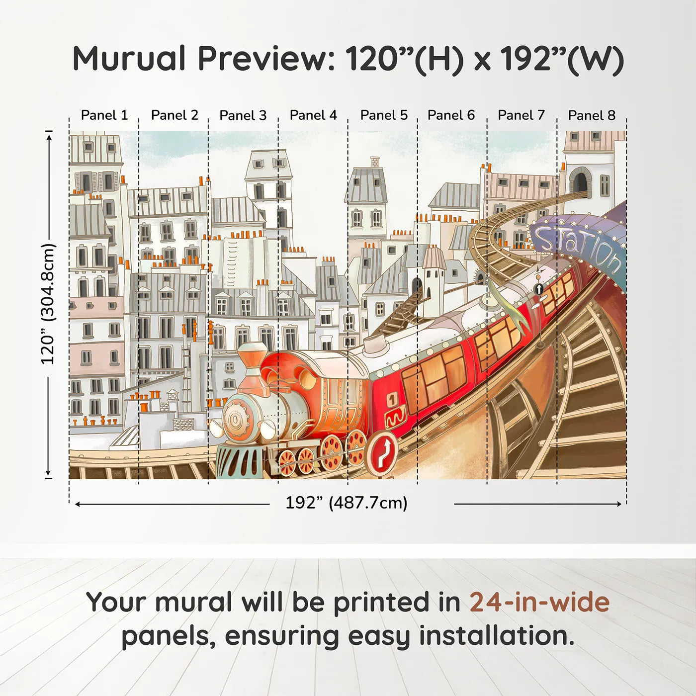 Whimsy Tots Parisian Express Train Wall Muraldimension view (120" H x 192" W). Printed in eight 24-inch-wide panels. Gender-Neutral