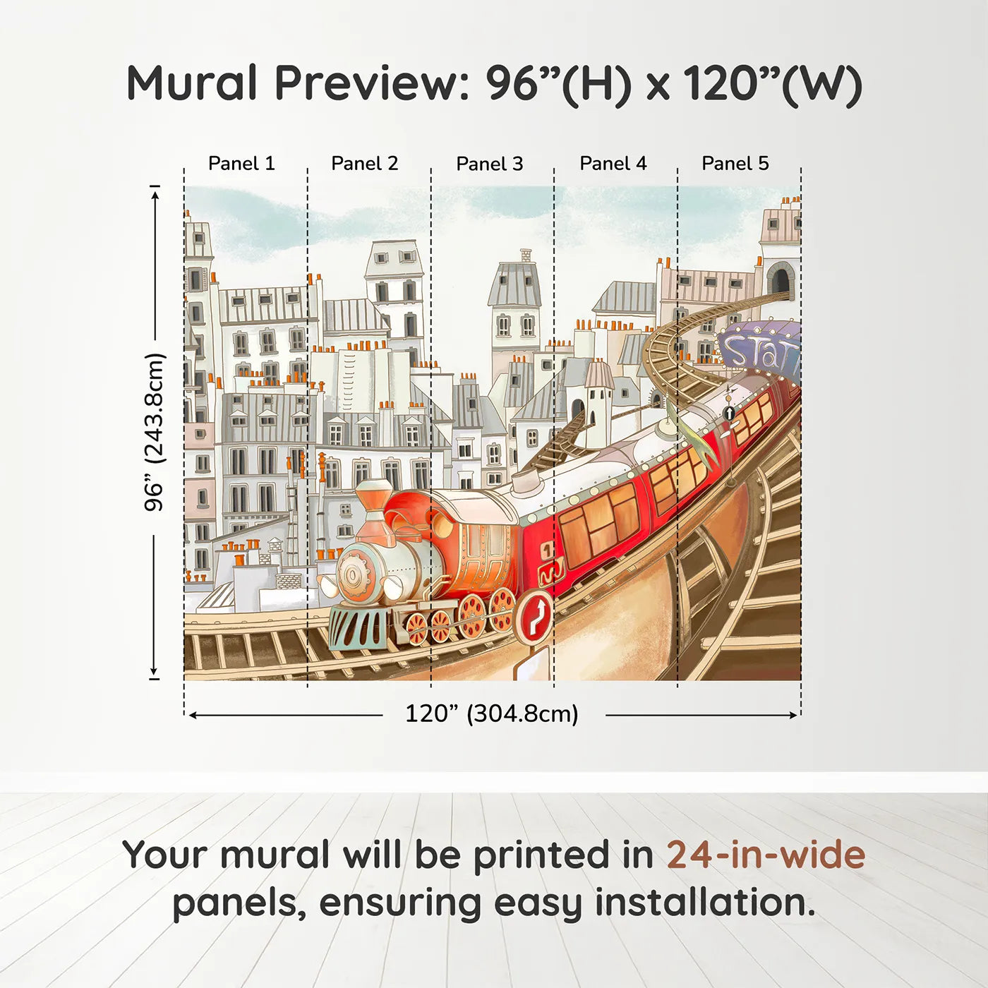 Whimsy Tots Parisian Express Train Wall Muraldimension view (96" H x 120" W). Printed in five 24-inch-wide panels. Gender-Neutral
