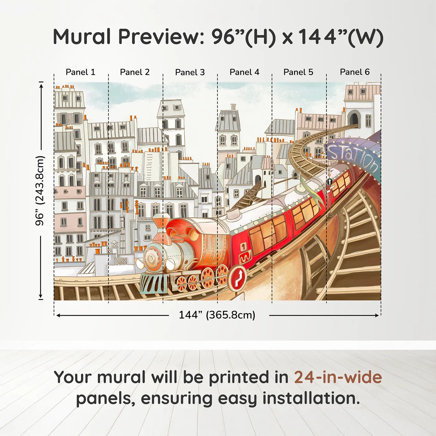 Whimsy Tots Parisian Express Train Wall Muraldimension view (96" H x 144" W). Printed in six 24-inch-wide panels. Gender-Neutral