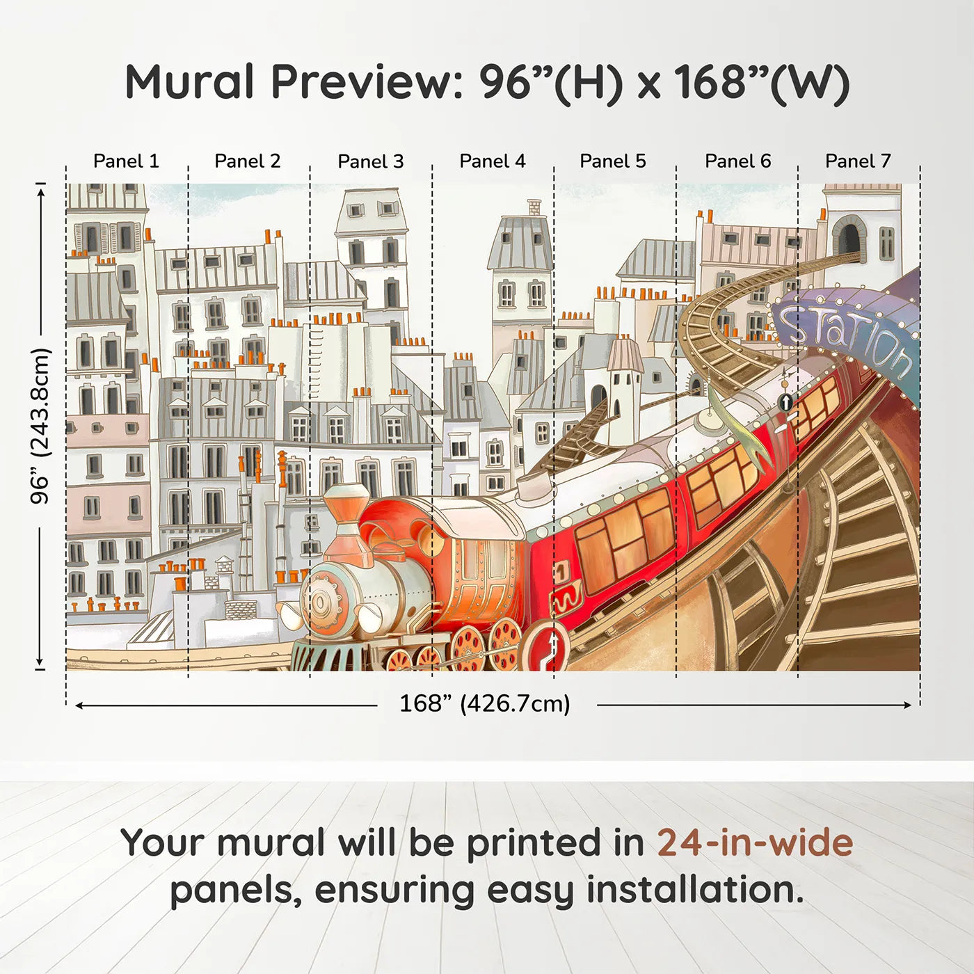 Whimsy Tots Parisian Express Train Wall Muraldimension view (96" H x 168" W). Printed in seven 24-inch-wide panels. Gender-Neutral