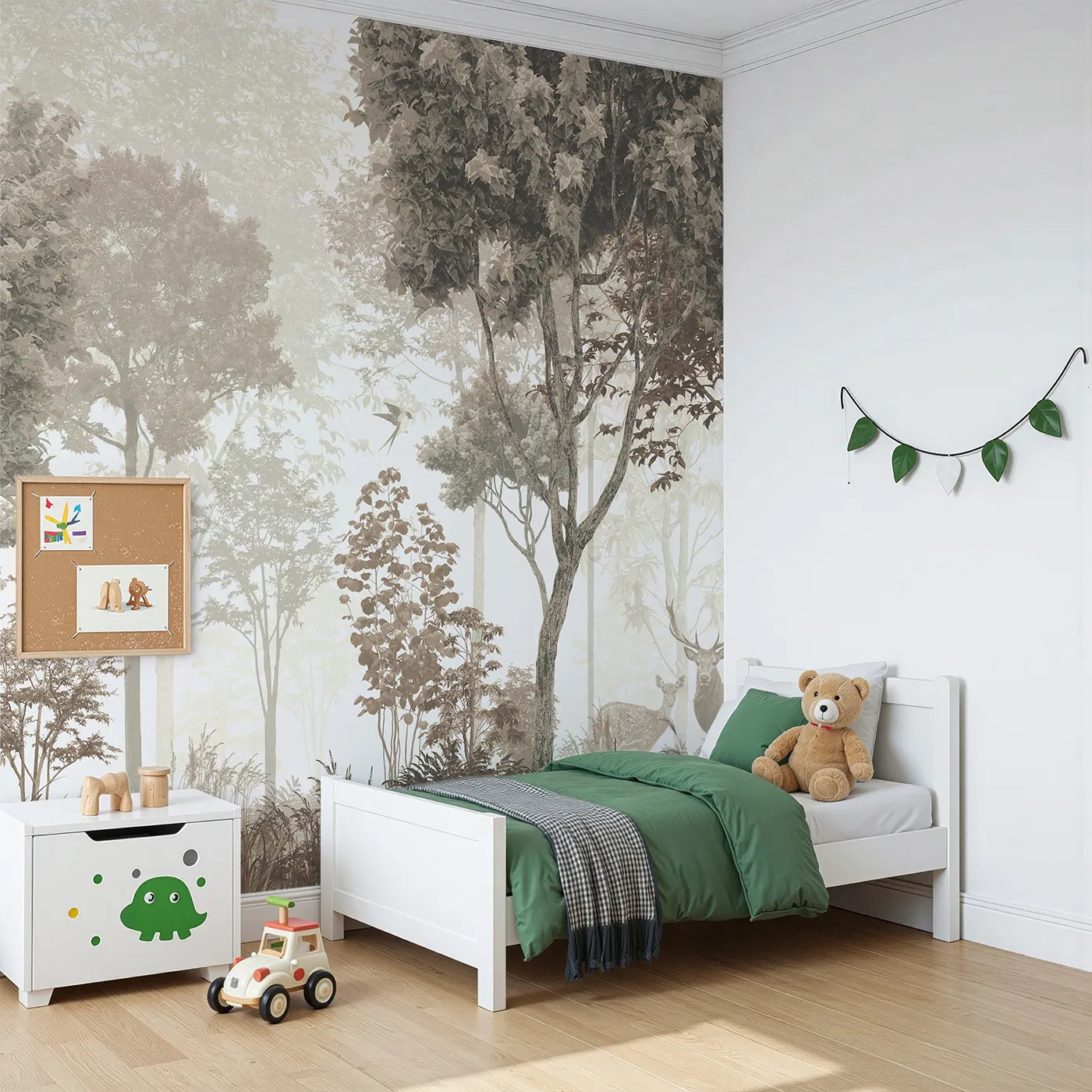 Angled view of Whimsy Tots' Misty Forest Deer Wall Mural in Sepia (Turn Their Room into a Quiet, Enchanted Forest).Gender-Neutral