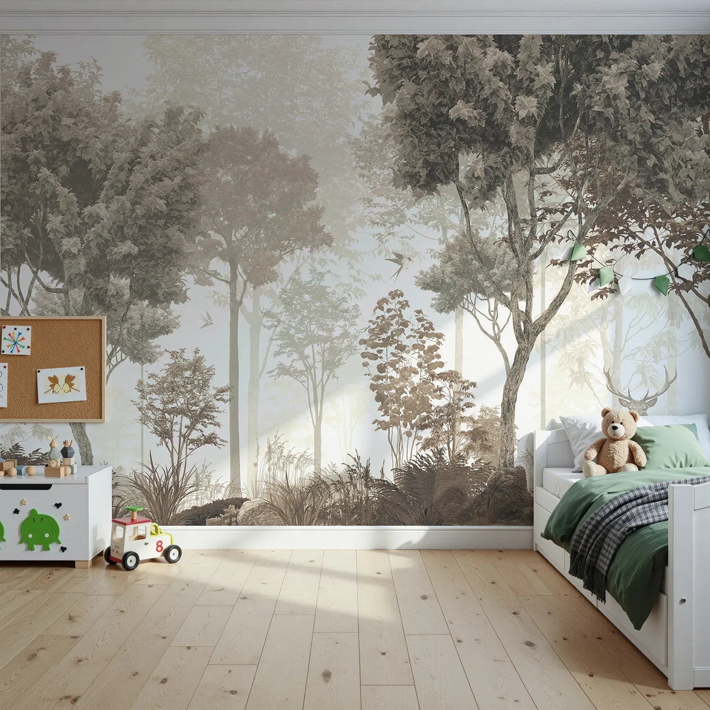 Front view of Whimsy Tots' Misty Forest Deer Wall Mural in Sepia