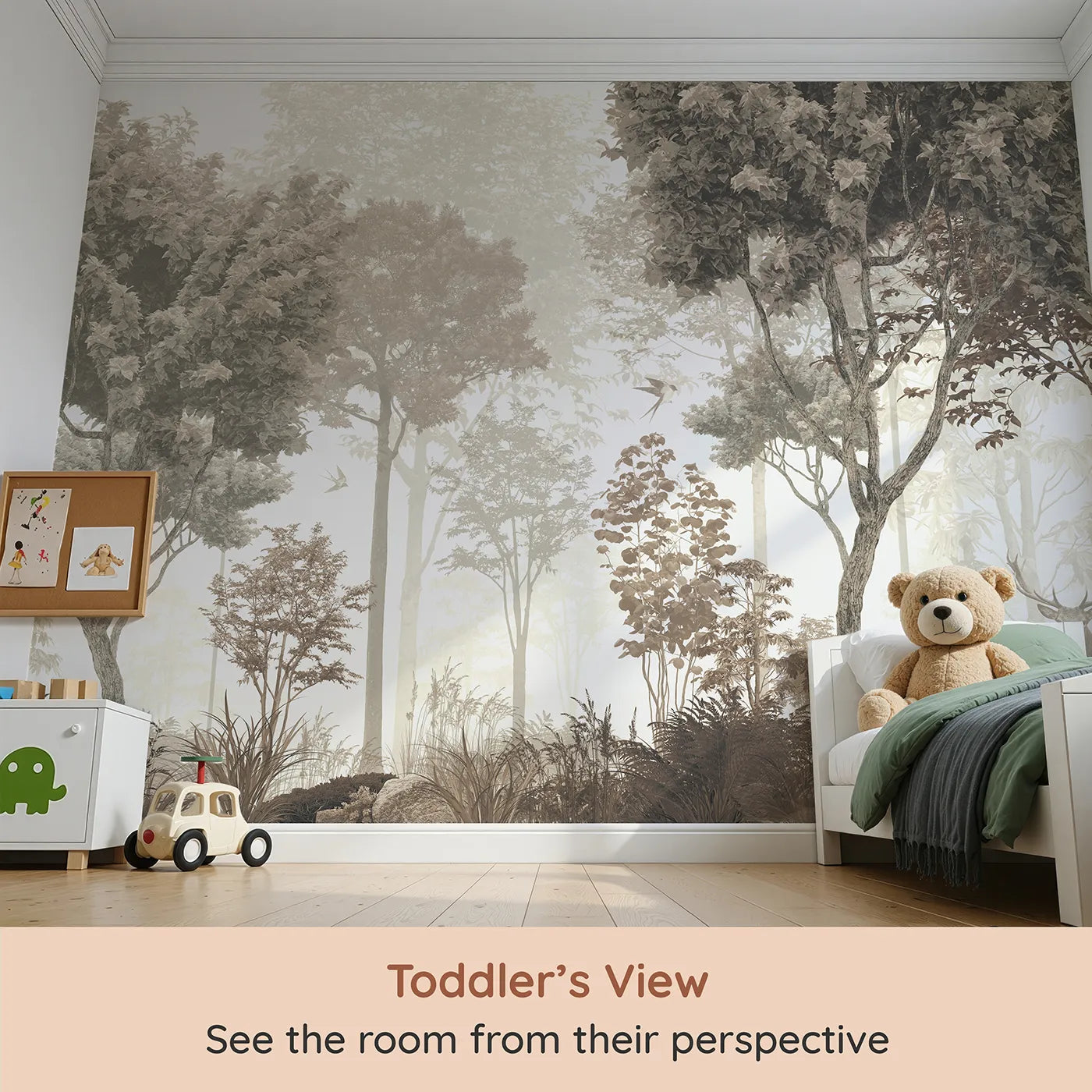 Whimsy Tots Misty Forest Deer Wall Mural in Sepia (Turn Their Room into a Quiet, Enchanted Forest) from your child's view.Gender-Neutral