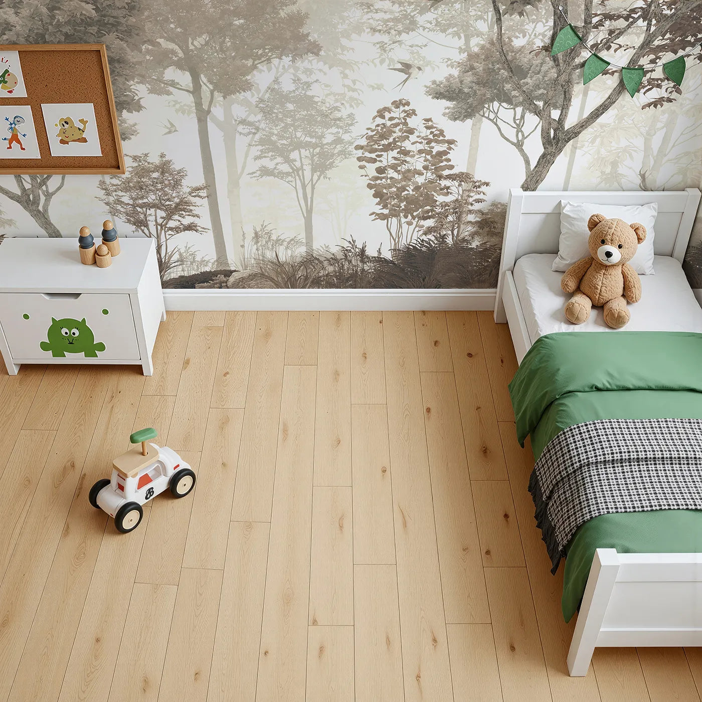 Top-down view of Whimsy Tots' Misty Forest Deer Wall Mural in Sepia (Turn Their Room into a Quiet, Enchanted Forest).Gender-Neutral