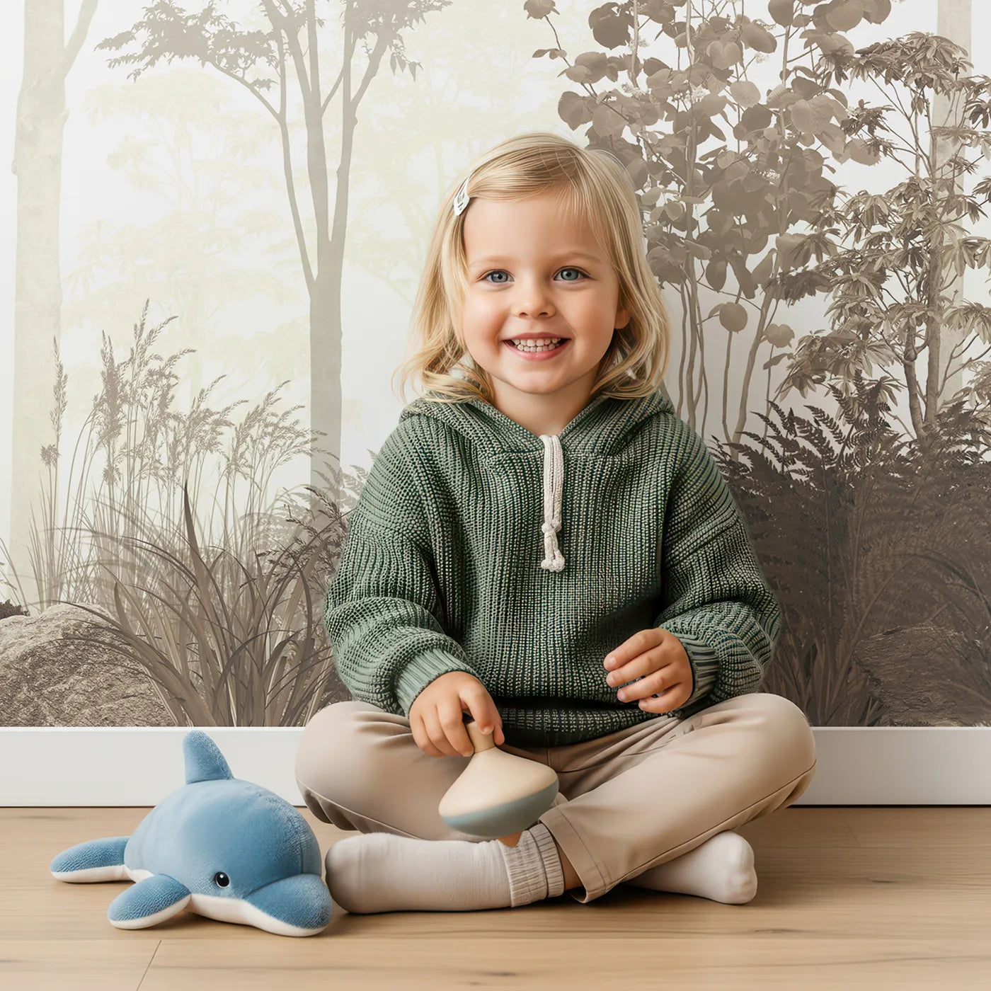 Child in front of Whimsy Tots Misty Forest Deer Wall Mural in Sepia with forest, deer, mist, tree, woods, sepia, brown, animal in design.