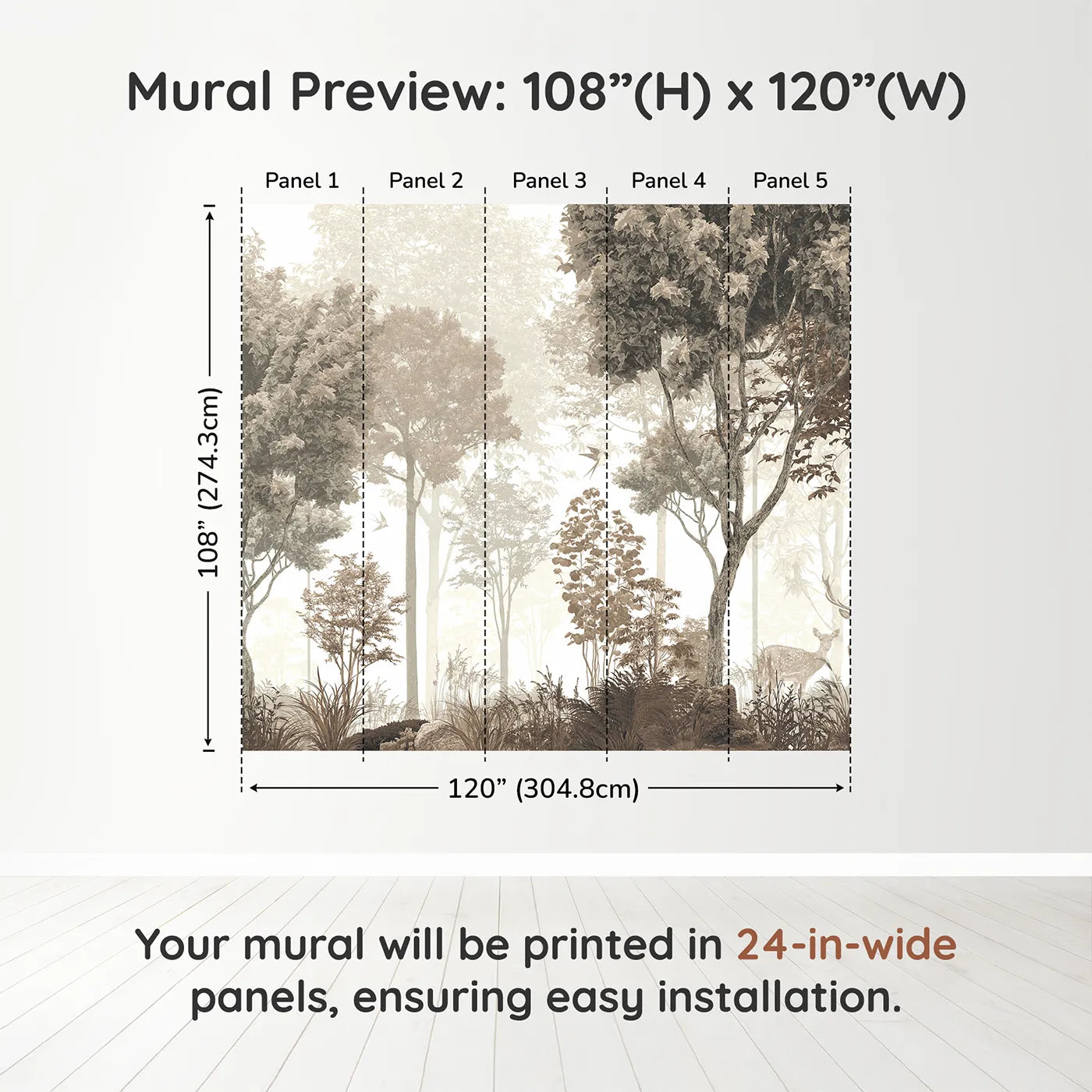Whimsy Tots Misty Forest Deer Wall Mural in Sepiadimension view (108" H x 120" W). Printed in five 24-inch-wide panels. Gender-Neutral
