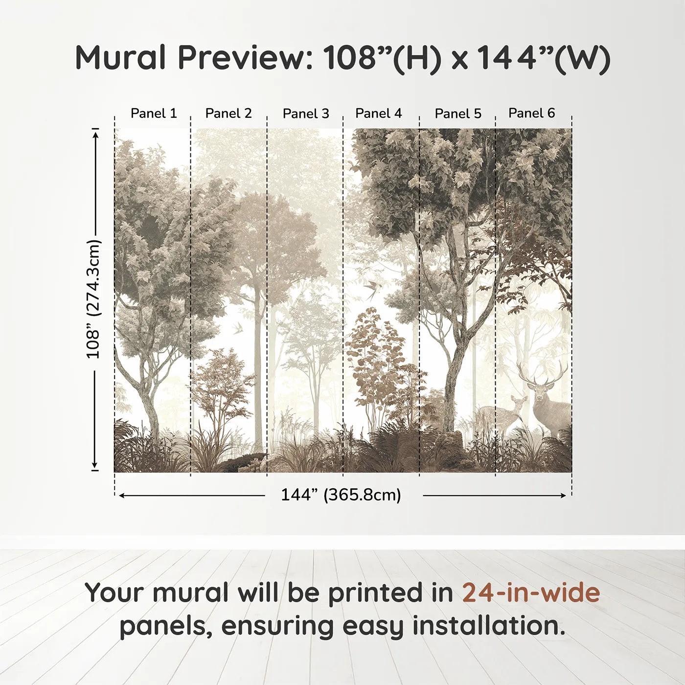 Whimsy Tots Misty Forest Deer Wall Mural in Sepiadimension view (108" H x 144" W). Printed in six 24-inch-wide panels. Gender-Neutral
