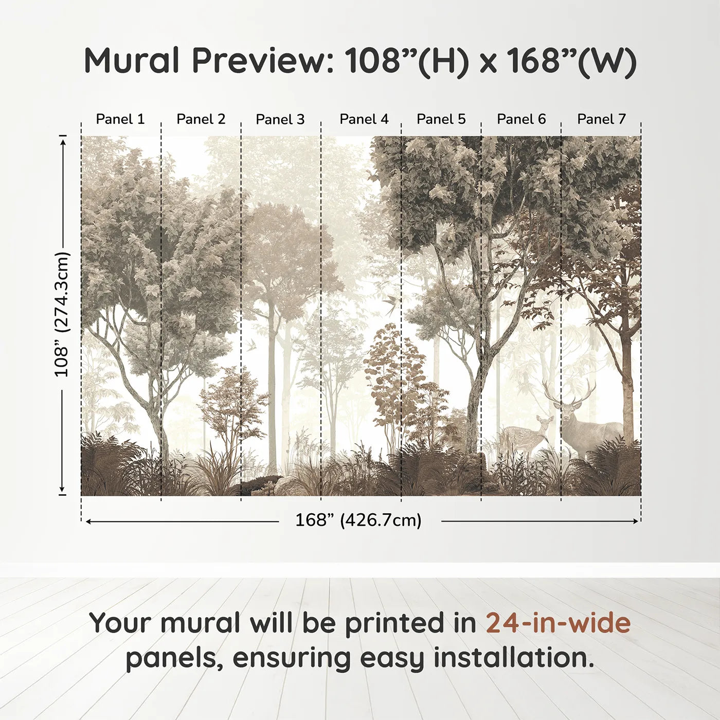 Whimsy Tots Misty Forest Deer Wall Mural in Sepiadimension view (108" H x 168" W). Printed in seven 24-inch-wide panels. Gender-Neutral