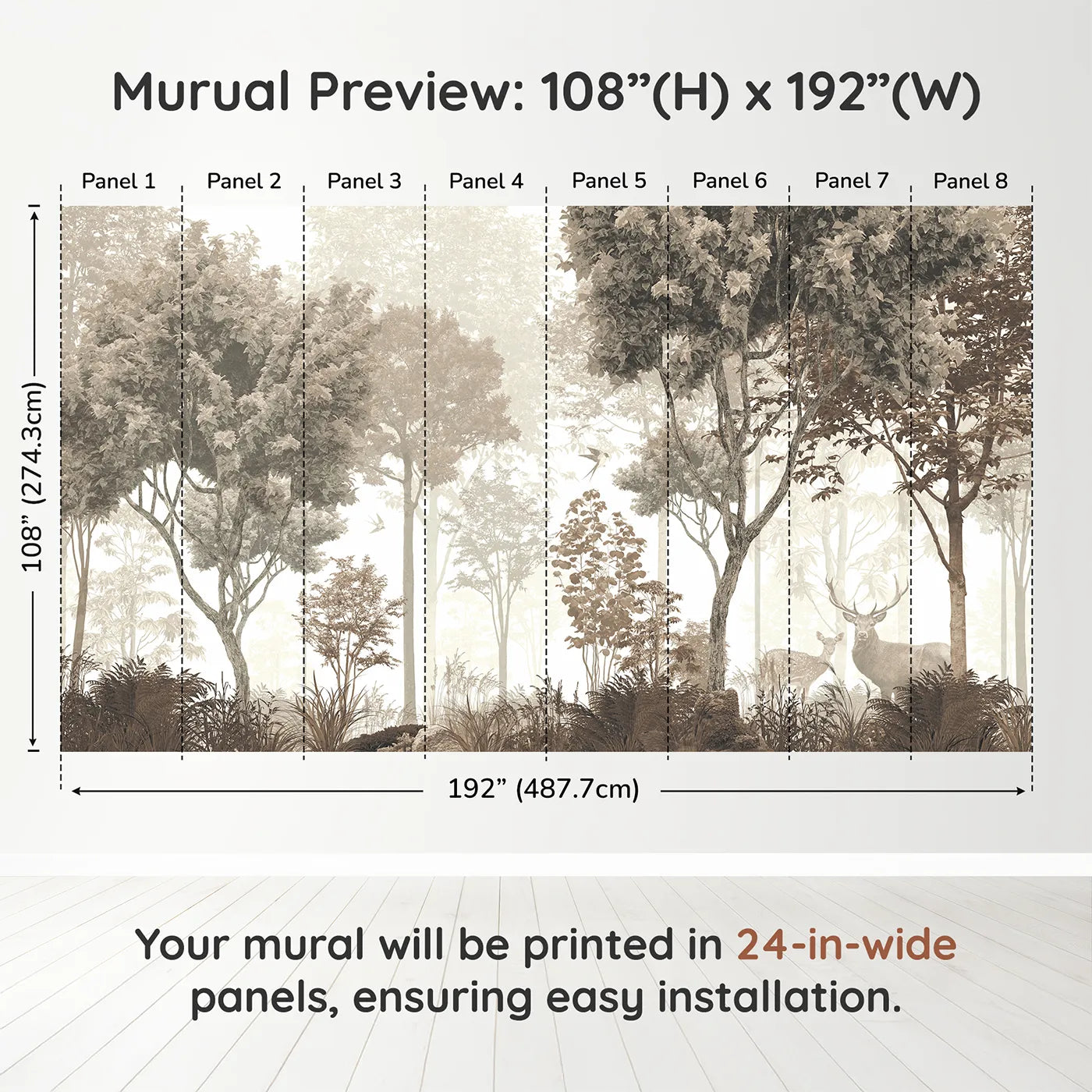 Whimsy Tots Misty Forest Deer Wall Mural in Sepiadimension view (108" H x 192" W). Printed in eight 24-inch-wide panels. Gender-Neutral