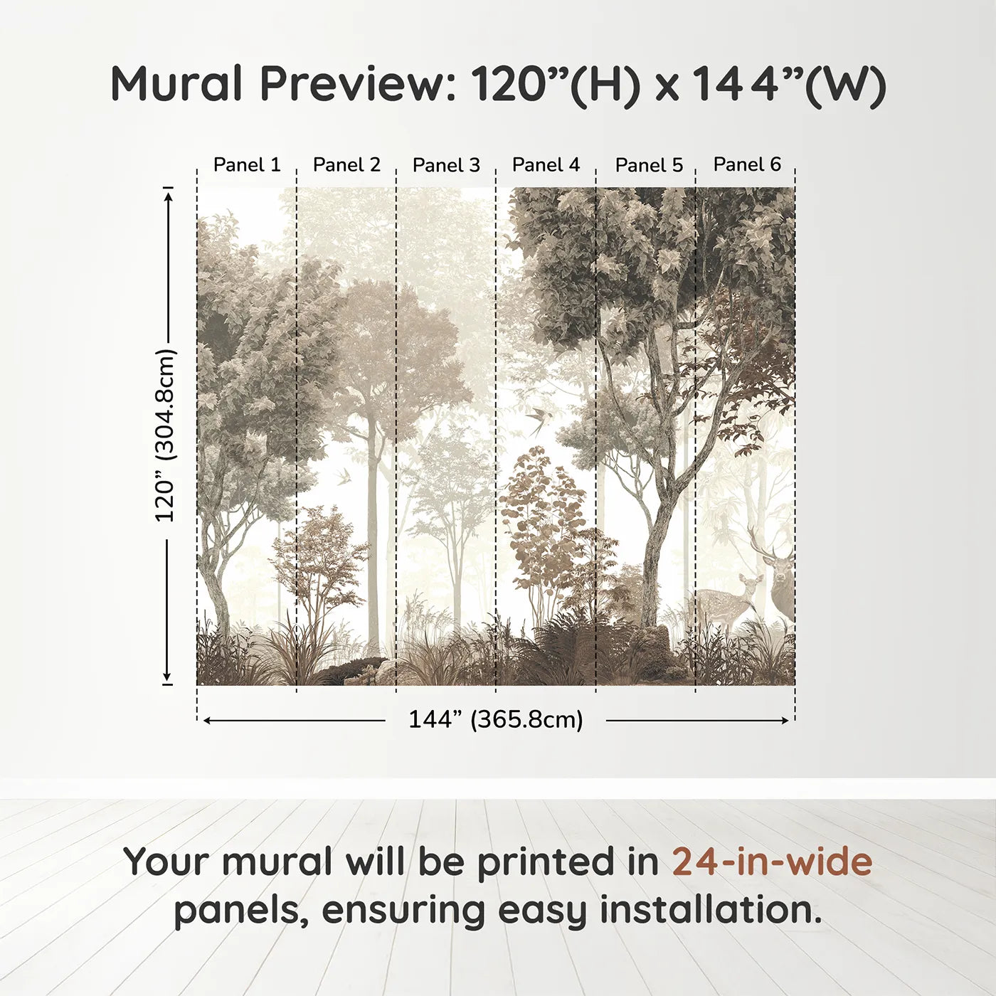 Whimsy Tots Misty Forest Deer Wall Mural in Sepiadimension view (120" H x 144" W). Printed in six 24-inch-wide panels. Gender-Neutral