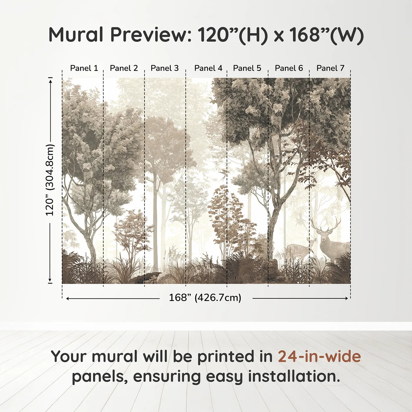 Whimsy Tots Misty Forest Deer Wall Mural in Sepiadimension view (120" H x 168" W). Printed in seven 24-inch-wide panels. Gender-Neutral