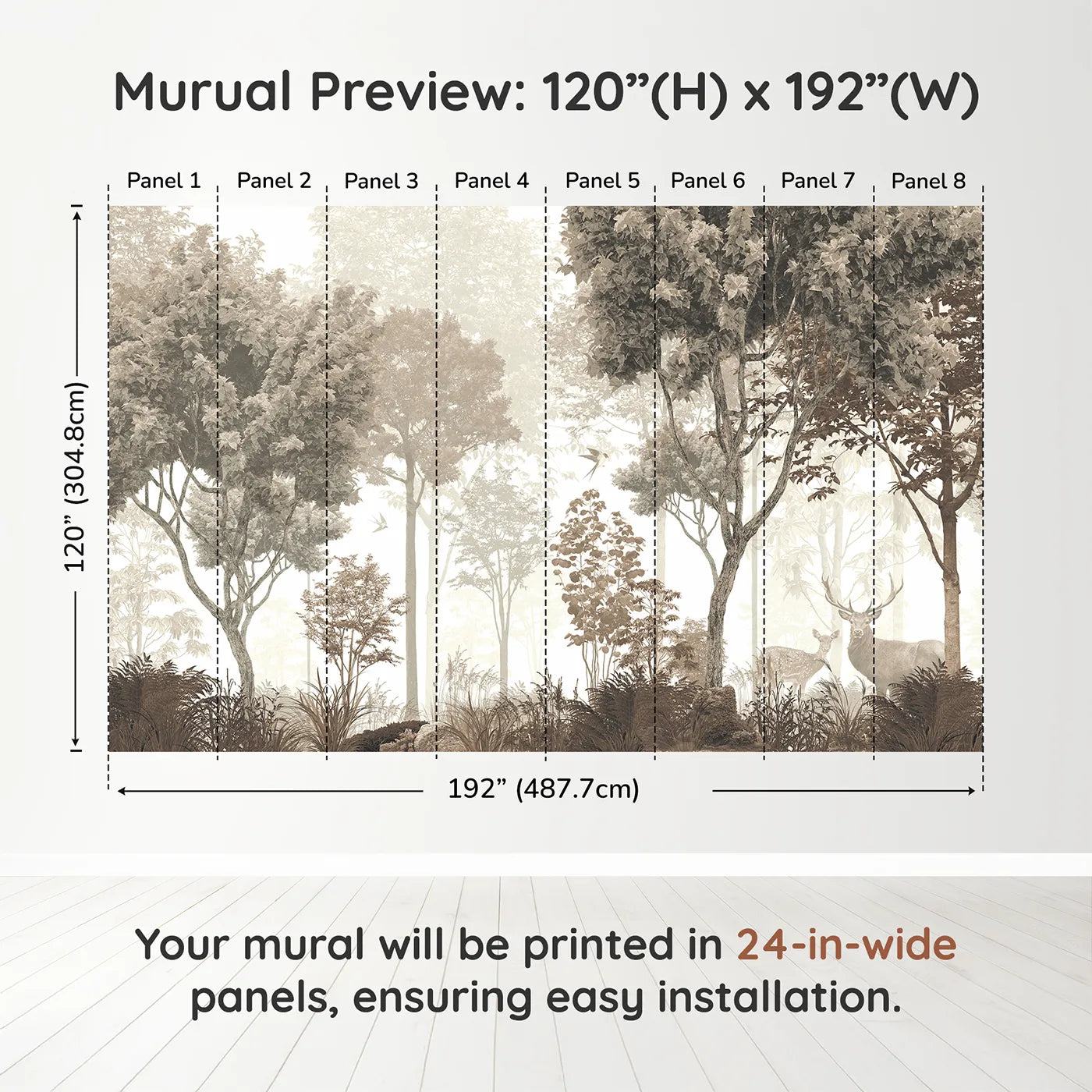 Whimsy Tots Misty Forest Deer Wall Mural in Sepiadimension view (120" H x 192" W). Printed in eight 24-inch-wide panels. Gender-Neutral