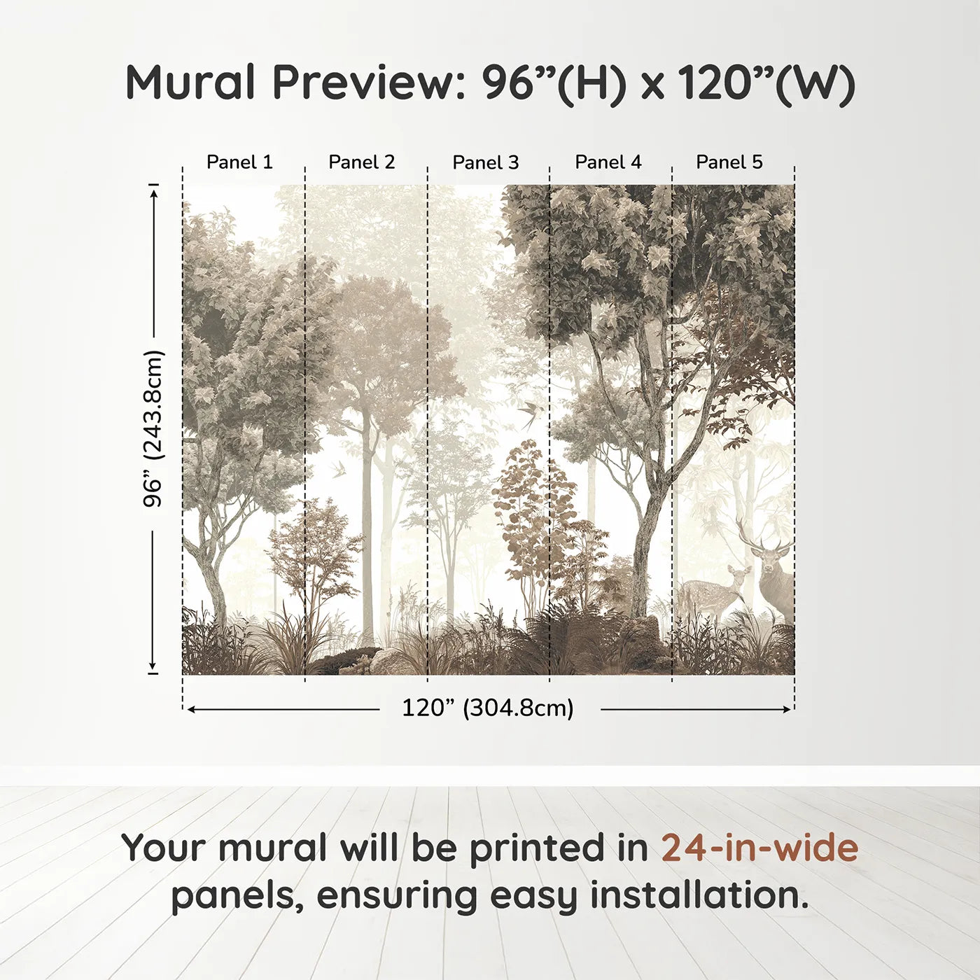 Whimsy Tots Misty Forest Deer Wall Mural in Sepiadimension view (96" H x 120" W). Printed in five 24-inch-wide panels. Gender-Neutral