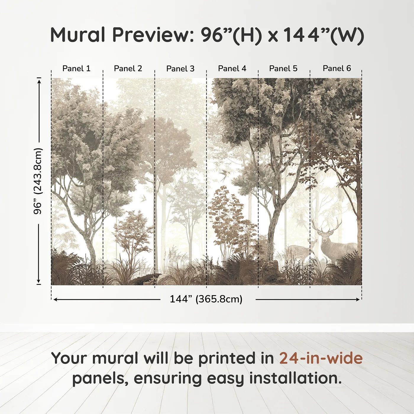 Whimsy Tots Misty Forest Deer Wall Mural in Sepiadimension view (96" H x 144" W). Printed in six 24-inch-wide panels. Gender-Neutral