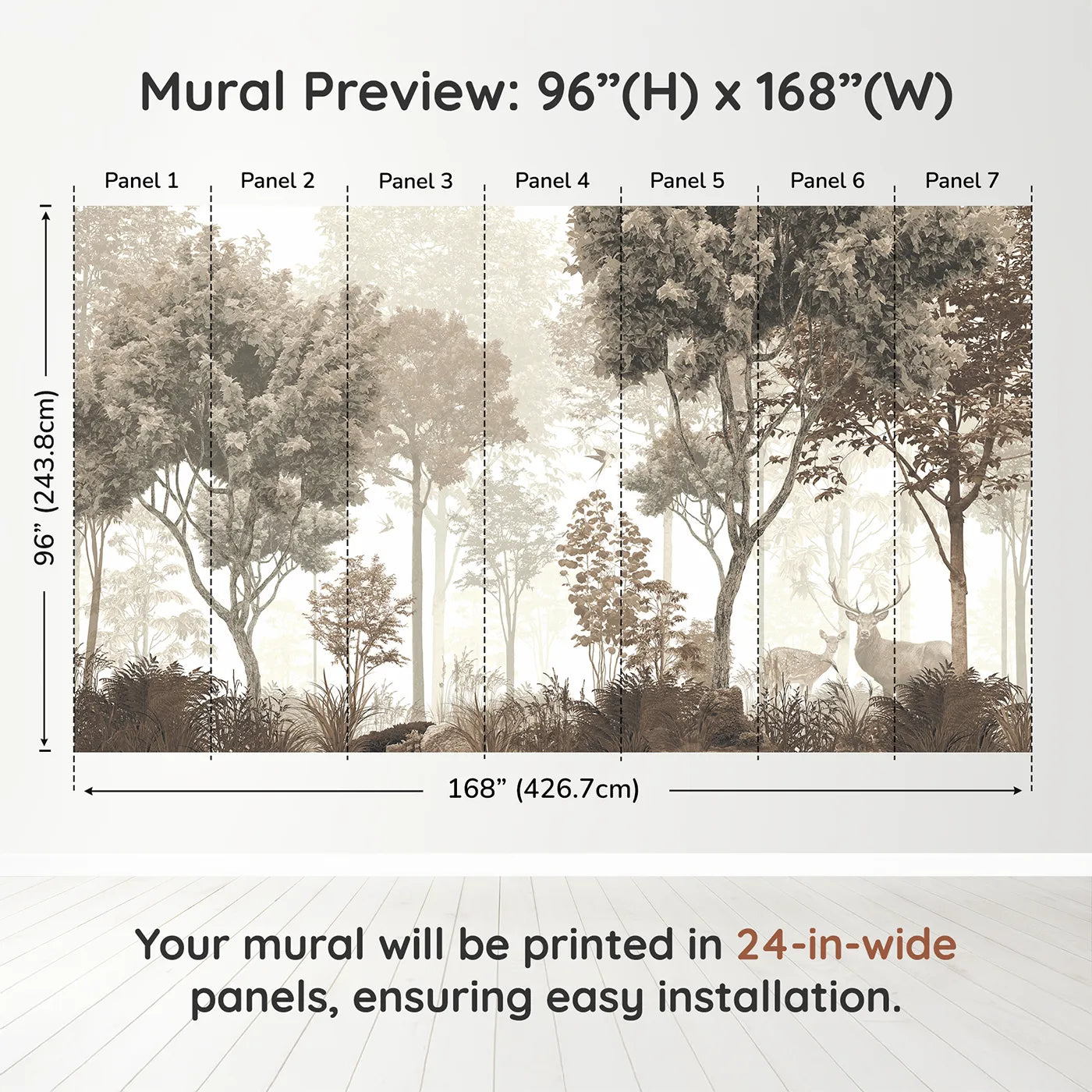 Whimsy Tots Misty Forest Deer Wall Mural in Sepiadimension view (96" H x 168" W). Printed in seven 24-inch-wide panels. Gender-Neutral