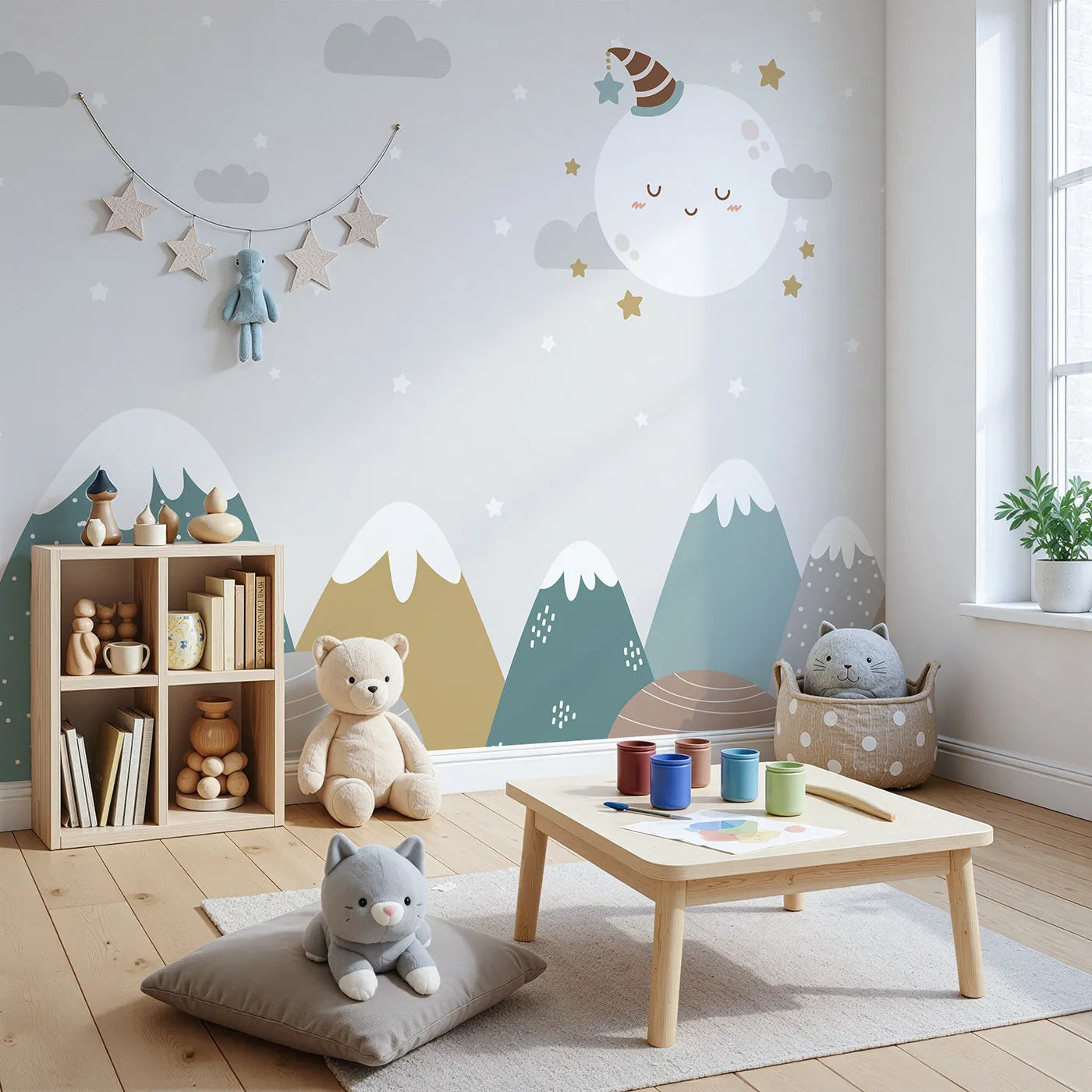 Angled view of Whimsy Tots' Sleepy Moon Mountain Wall Mural (Turn Their Room into a Sweet and Gentle Dreamland).Gender-Neutral