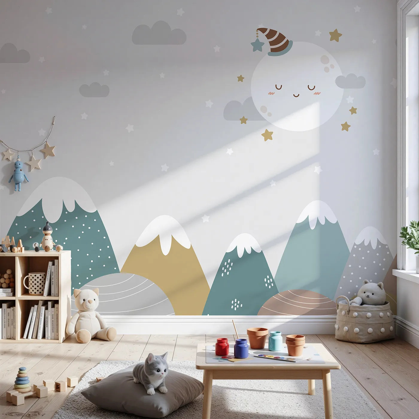 Front view of Whimsy Tots' Sleepy Moon Mountain Wall Mural