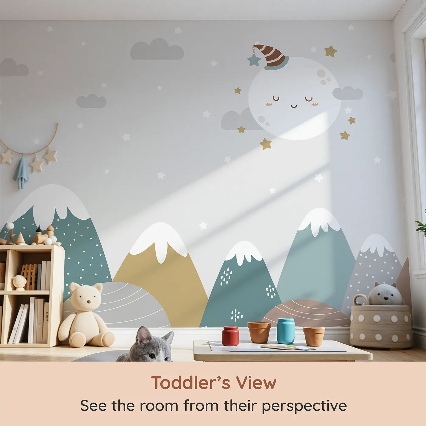 Whimsy Tots Sleepy Moon Mountain Wall Mural (Turn Their Room into a Sweet and Gentle Dreamland) from your child's view.Gender-Neutral