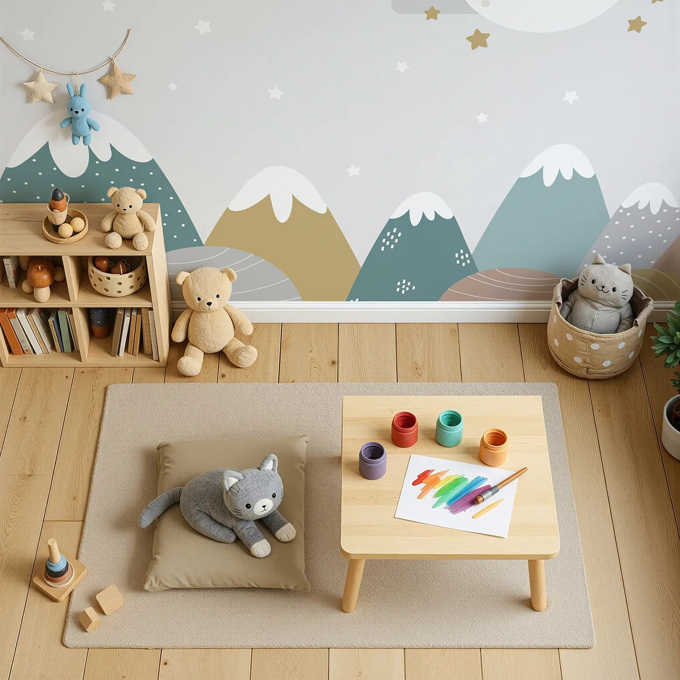 Top-down view of Whimsy Tots' Sleepy Moon Mountain Wall Mural (Turn Their Room into a Sweet and Gentle Dreamland).Gender-Neutral