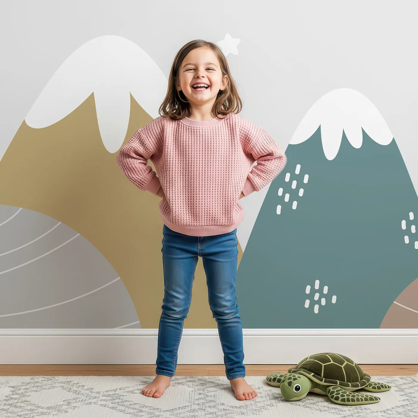 Child in front of Whimsy Tots Sleepy Moon Mountain Wall Mural with moon, mountain, sleep, night, star, cute, nursery, gray in design.