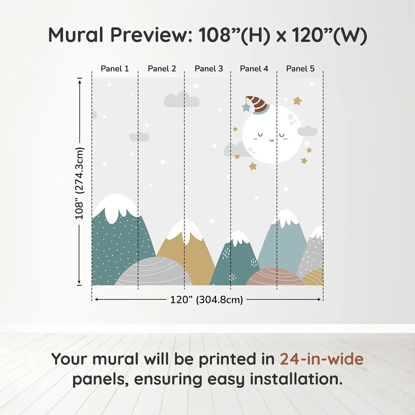 Whimsy Tots Sleepy Moon Mountain Wall Muraldimension view (108" H x 120" W). Printed in five 24-inch-wide panels. Gender-Neutral