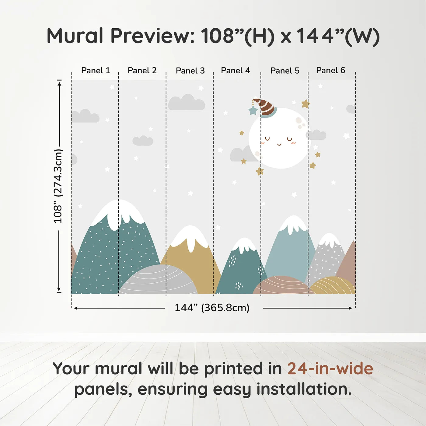 Whimsy Tots Sleepy Moon Mountain Wall Muraldimension view (108" H x 144" W). Printed in six 24-inch-wide panels. Gender-Neutral
