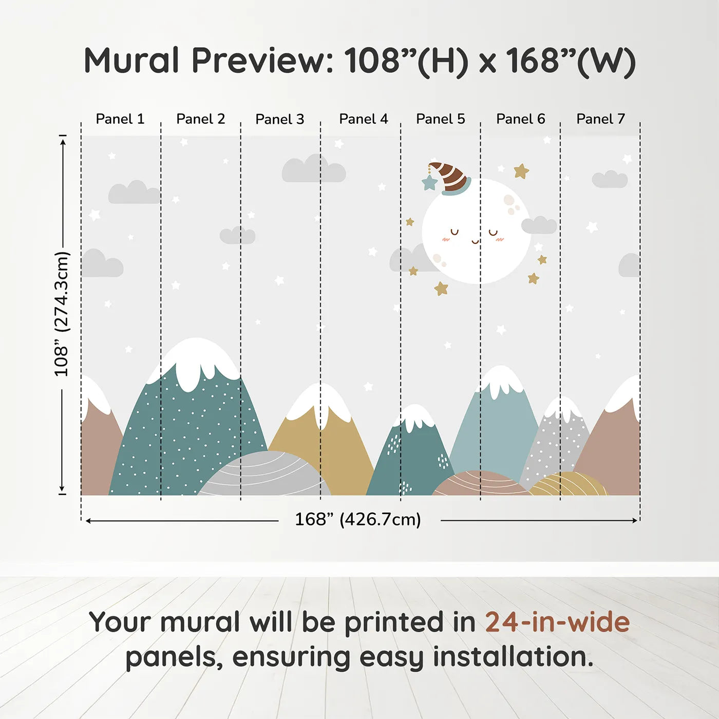 Whimsy Tots Sleepy Moon Mountain Wall Muraldimension view (108" H x 168" W). Printed in seven 24-inch-wide panels. Gender-Neutral