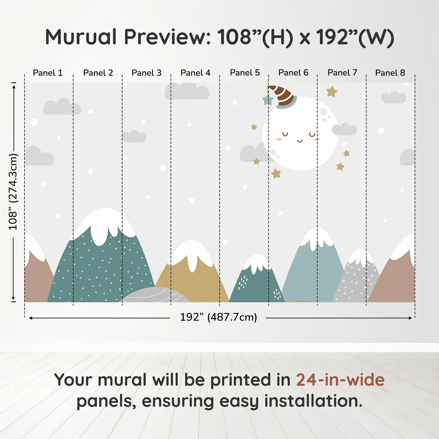 Whimsy Tots Sleepy Moon Mountain Wall Muraldimension view (108" H x 192" W). Printed in eight 24-inch-wide panels. Gender-Neutral