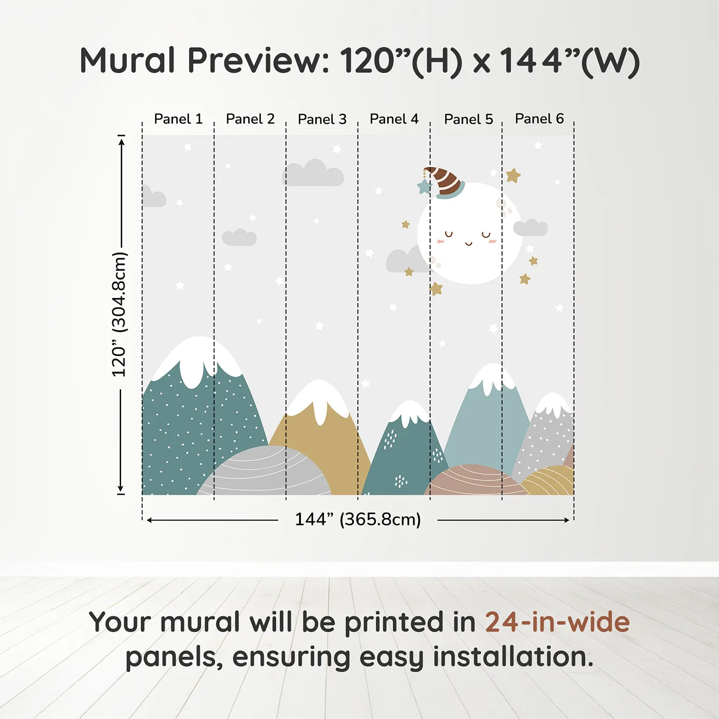Whimsy Tots Sleepy Moon Mountain Wall Muraldimension view (120" H x 144" W). Printed in six 24-inch-wide panels. Gender-Neutral