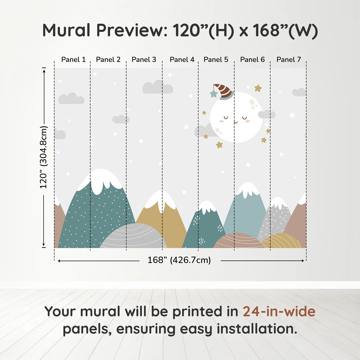 Whimsy Tots Sleepy Moon Mountain Wall Muraldimension view (120" H x 168" W). Printed in seven 24-inch-wide panels. Gender-Neutral
