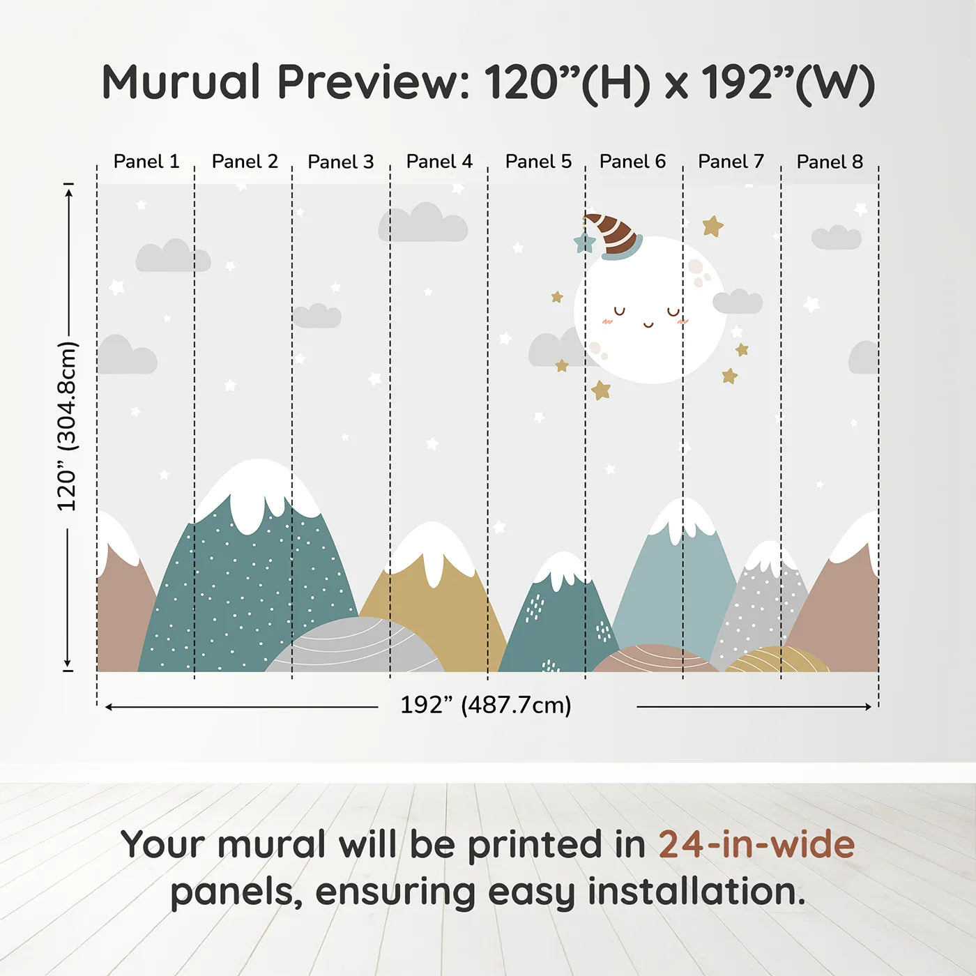 Whimsy Tots Sleepy Moon Mountain Wall Muraldimension view (120" H x 192" W). Printed in eight 24-inch-wide panels. Gender-Neutral