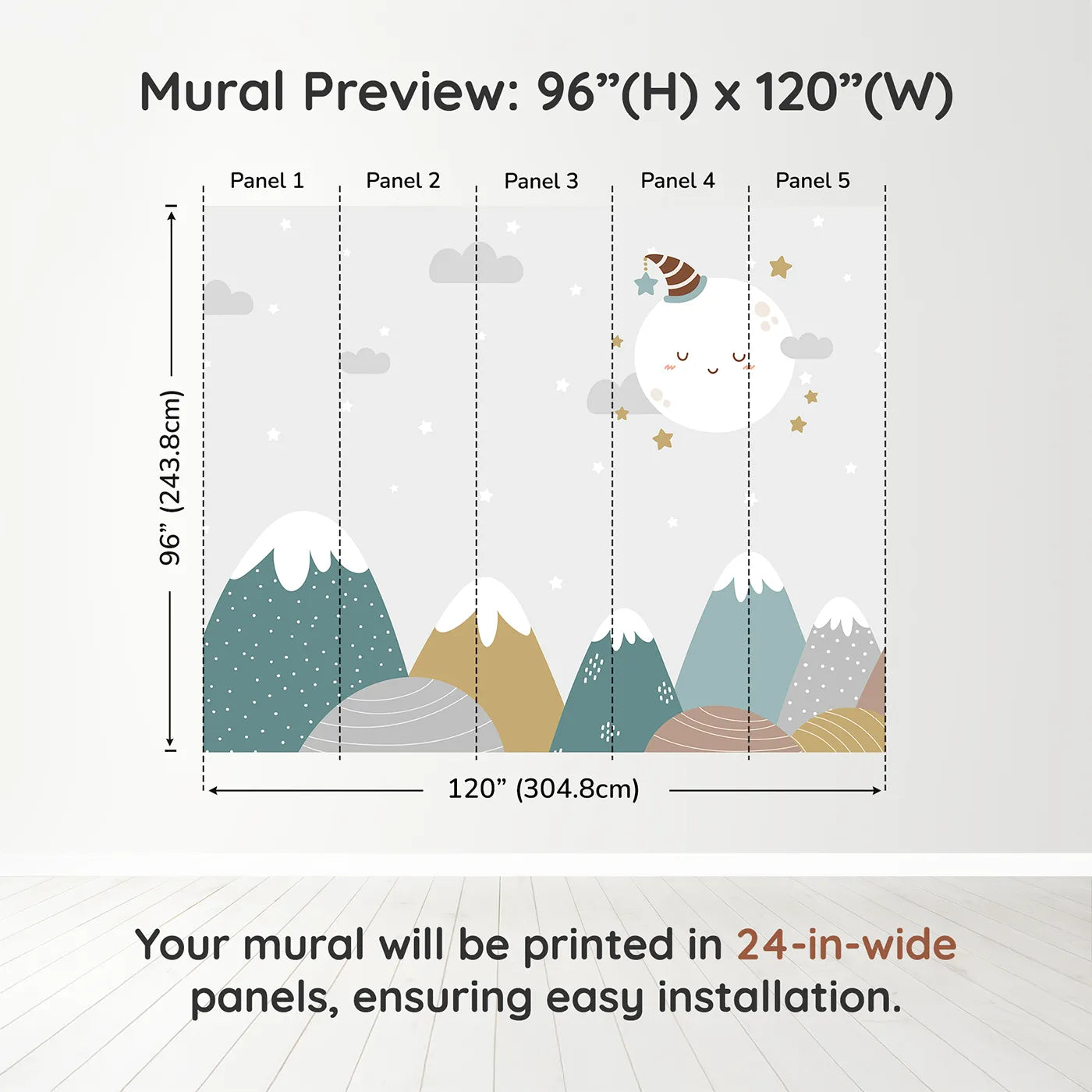 Whimsy Tots Sleepy Moon Mountain Wall Muraldimension view (96" H x 120" W). Printed in five 24-inch-wide panels. Gender-Neutral
