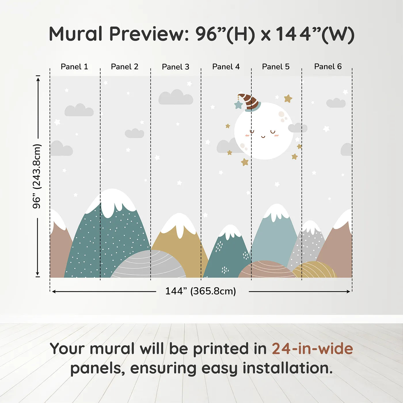 Whimsy Tots Sleepy Moon Mountain Wall Muraldimension view (96" H x 144" W). Printed in six 24-inch-wide panels. Gender-Neutral
