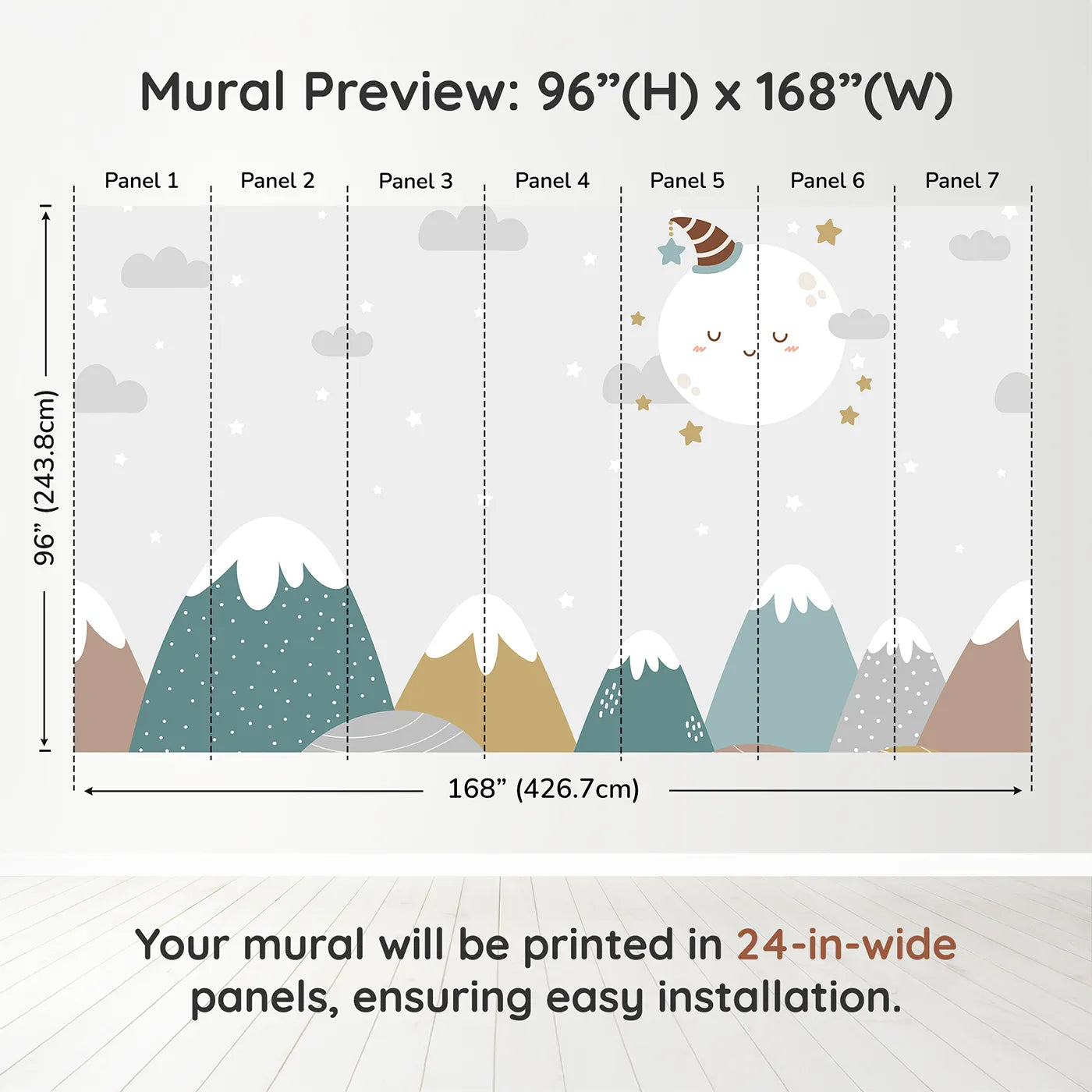 Whimsy Tots Sleepy Moon Mountain Wall Muraldimension view (96" H x 168" W). Printed in seven 24-inch-wide panels. Gender-Neutral