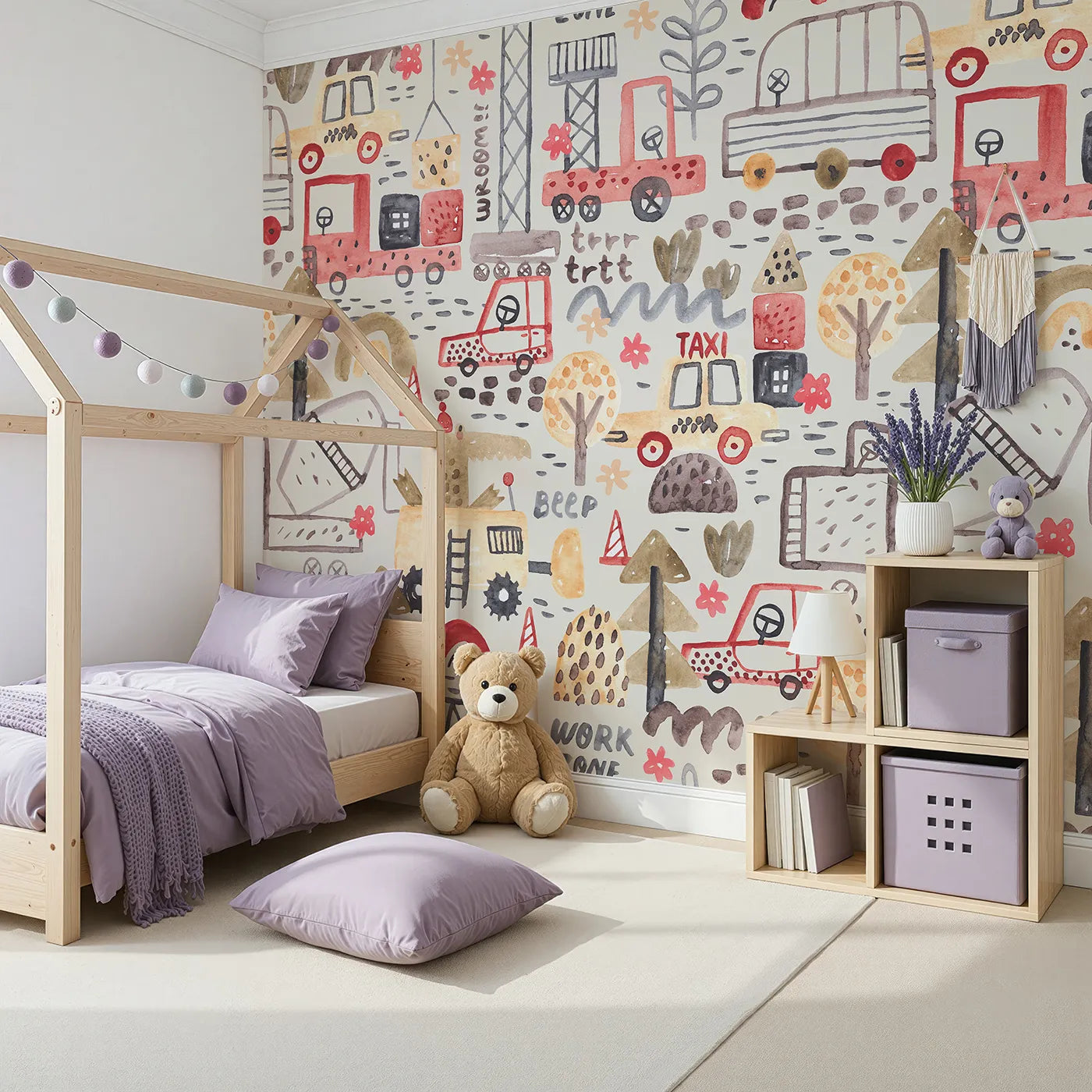 Angled view of Whimsy Tots' Watercolor Work Zone Wall Mural (Turn Their Room into the Cutest Construction Site).Best for Boys